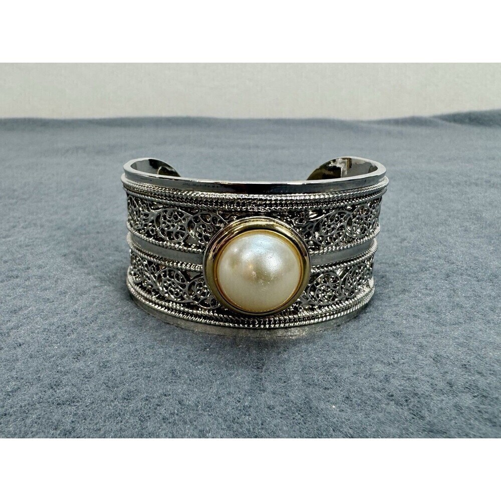 Vintage Art Deco Statement Cuff Bangle Bracelet Filigree Faux Pearl Silver Tone